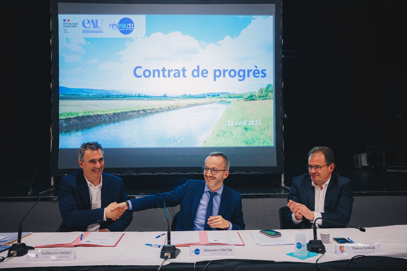 Guillaume CHOISY, Directeur de l'agence de l'eau Adour Garonne, Sébastien Vincini, Président de Réseau 31, Thierry Suaud, Maire de Portet-sur-Garonne